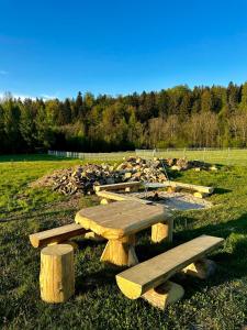 a group of picnic tables in a field at Galena i Gnejs in Stronie Śląskie