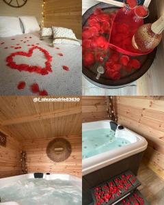 een collage van vier foto's van een kamer met een bad bij LAlexandrie in Régusse