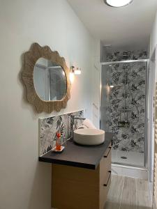 La salle de bains est pourvue d'un lavabo et d'un miroir. dans l'établissement Manoir de la Houlette, à Saint-Pierre-du-Vauvray