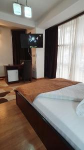 a bedroom with a bed and a tv with a cat on it at Pensiunea Select in Arad