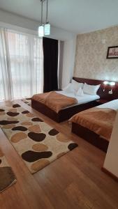 1 dormitorio con 2 camas y alfombra en el suelo en Pensiunea Select en Arad