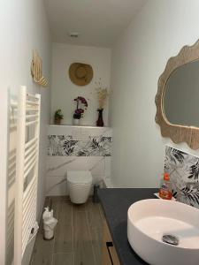 La salle de bains est pourvue d'un lavabo, de toilettes et d'un miroir. dans l'établissement Manoir de la Houlette, à Saint-Pierre-du-Vauvray