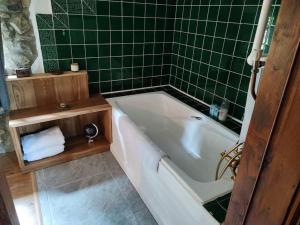 a green tiled bathroom with a white bath tub at Catstone Lodge Studio 2 in Mullingar
