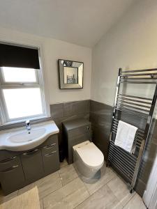 uma casa de banho com um WC, um lavatório e um espelho. em Luxury apartment with 2-Beds em Beckenham