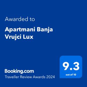 Certificat, premi, rètol o un altre document de Apartmani Banja Vrujci Lux