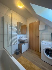une salle de bain avec un lavabo et une machine à laver dans l'établissement BullsLiving Seeapartment 4 AM CORSO, à Velden am Wörther See 3 autres photos