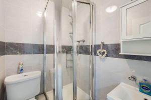 a bathroom with a shower and a toilet and a sink at Indipendent flat with patio in Greenford