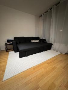 a black couch in a room with a white rug at Grand appartement lumineux in Noisy-le-Grand