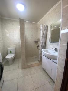 uma casa de banho com um chuveiro, um WC e um lavatório. em 31 em Naryn