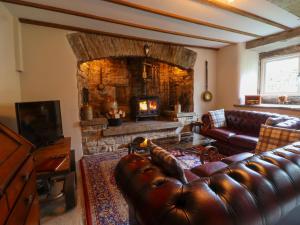 Gallivantin Cottage في ليبرن: غرفة معيشة مع أريكة جلدية ومدفأة