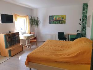 a bedroom with a bed and a table and a desk at Pension Weitblick in Stehla