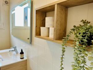 a bathroom with a sink and a shelf with a plant at Maison Le M - Disneyland JO Paris 2024 Parking in Chessy