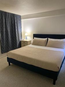 ein Schlafzimmer mit einem Bett und ein Fenster mit einer Lampe in der Unterkunft Dells Suite Dreams At Lighthouse Cove Condominiums in Wisconsin Dells