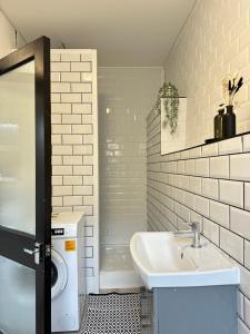 a bathroom with a sink and a washing machine at Beautiful Converted Brewery in Newport