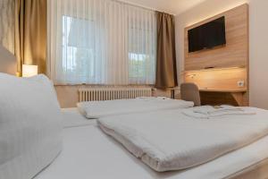 2 Betten in einem Hotelzimmer mit einem TV in der Unterkunft Hotel Alter Markt in Berlin