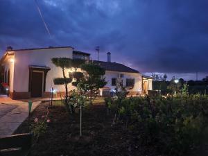 Una casa con un jardín delante de ella por la noche. en Apartamento El Baco entre viñedos, en Arriate