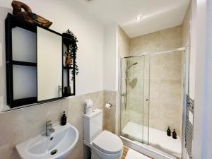 y baño con aseo, ducha y lavamanos. en Top floor double en-suite BR apartment central Matlock, en Matlock