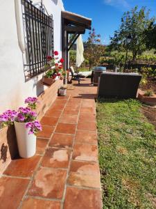 Un patio con un camino de piedra y algunas flores. en Apartamento El Baco entre viñedos, en Arriate 13 fotos más