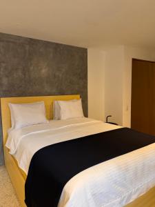 1 dormitorio con 1 cama grande con almohadas blancas en Cardedeu Express Hotel, en San Salvador