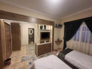 a bedroom with a bed and a television in it at Alma Pyramids View in Cairo