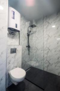 トビリシにあるA-Y Apartments P A4のバスルーム(トイレ、ガラス張りのシャワー付)
