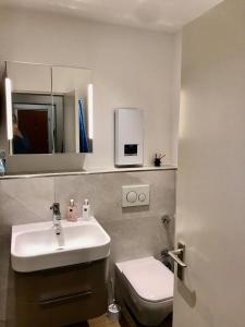 a bathroom with a sink and a toilet and a mirror at 3-Zimmer Nähe Messe & Maschsee in Hannover