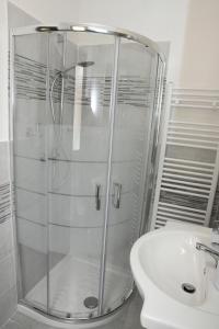 une douche avec une porte vitrée à côté d'un lavabo dans l'établissement Appartamento Il Limone, à Pise 17 autres photos
