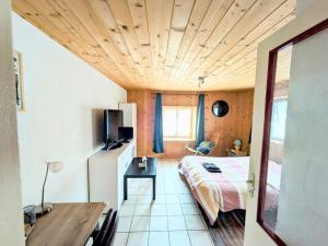 1 dormitorio con 1 cama y escritorio en una habitación en appart proche de la frontière, en Les Gras