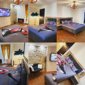 un collage de fotos de un dormitorio con 2 camas en MANOIR AUX trois charmes en Ronchamp