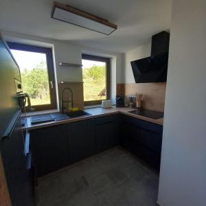 a kitchen with a sink and a window and a counter at BlueLine Apartments am Wörthersee in Schiefling am See