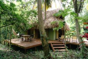 a cabin in the woods with a deck and a table at Agua de Luna in Puerto Limón