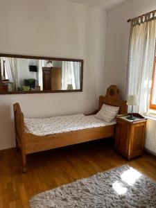 a bedroom with a bed and a mirror on the wall at Apartmán Antonínská in Znojmo