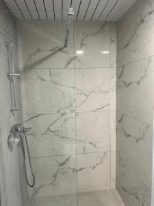 una ducha con puerta de cristal en un baño en East Gate Luxury Apartment, en Skopje 35 fotos más