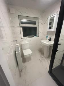 a white bathroom with a toilet and a sink at Blissful 1-bedroom entire place in Cambridge