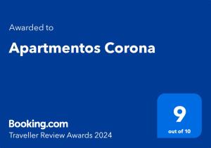 Certificado, premio, señal o documento que está expuesto en Apartmentos Corona