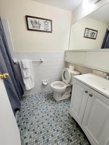 a bathroom with a toilet and a sink and a mirror at Amazing 2 Bedroom 2 Bath Condo in Elkins Park