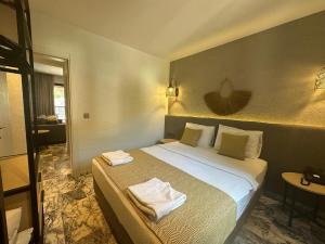 馬爾馬里斯的住宿－大水族館公寓式酒店，一间卧室配有一张大床和毛巾