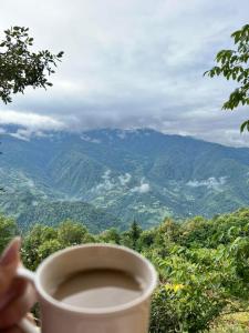 eine Tasse Kaffee mit Bergblick in der Unterkunft cottage panorama merisi in Inasharidzeebi