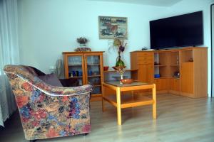 a living room with a couch and a tv at Hiša v Travniku in Šmartno