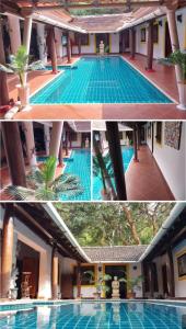 un collage de trois photos d'une piscine dans l'établissement Golden Sun Ray's Villas, à Baga