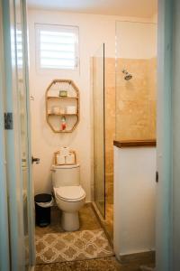 a bathroom with a toilet and a glass shower at Boho Oasis by the Beach in San Juan