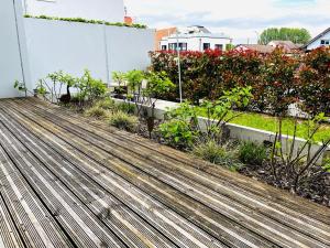una terrazza in legno su una casa con piante di Hotel Sonne a Neuburg