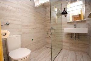 y baño con aseo, lavabo y ducha. en Central Village Apartments, en Žabljak