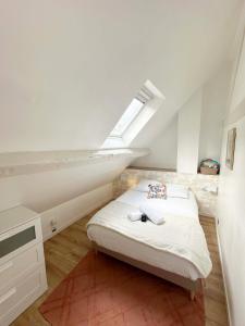 1 dormitorio pequeño con 1 cama con tragaluz en Bleu de Chartres, en Chartres