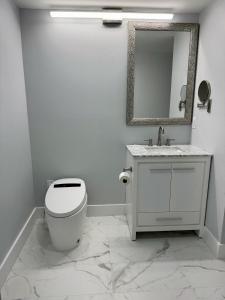 a white bathroom with a toilet and a mirror at SKYLARANNA Resort & SPA in Hendersonville