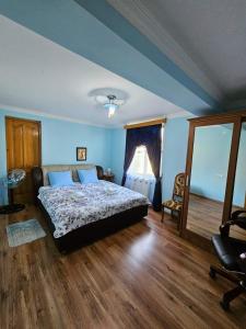 een slaapkamer met een bed met blauwe muren en houten vloeren bij Blue Guest House in Samtredia