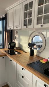 Modernes festliegendes Hausboot mit großzügiger Dachterrasse und Ruderboot的厨房或小厨房