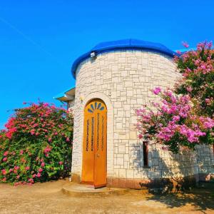 een bakstenen gebouw met een deur en wat bloemen bij Blue Guest House in Samtredia