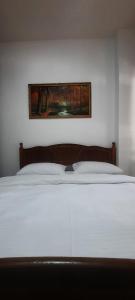 ein Bett in einem Schlafzimmer mit einem Bild an der Wand in der Unterkunft Fjori's Apartment in Korçë