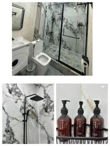 2 fotos de un baño con aseo y lavabo en 阿拉木图陶萨马勒民宿, en Almaty